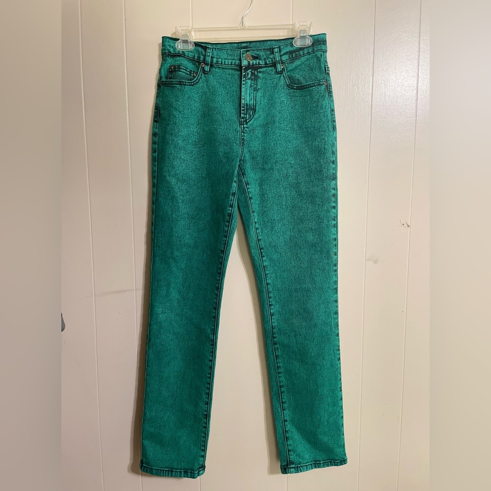 DG2 by Diane Gilman, green-wash denim jeans